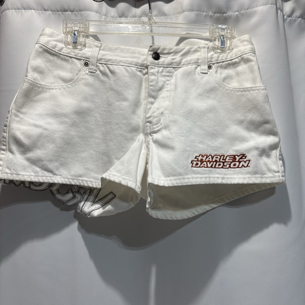 VTG 2005 Harley Davidson Womens White Denim Shorts Embroidered Vroom Logo Size 4
